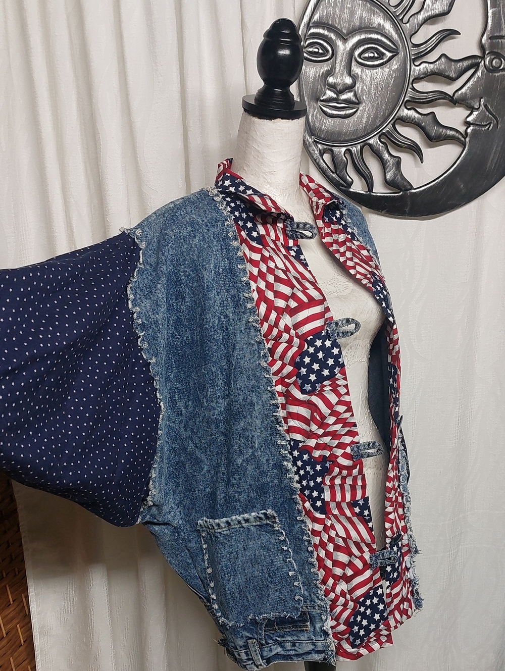 Vintage 80s Handcrafted Patriotic Upcycled Denim Patchwork Batwing Jacket